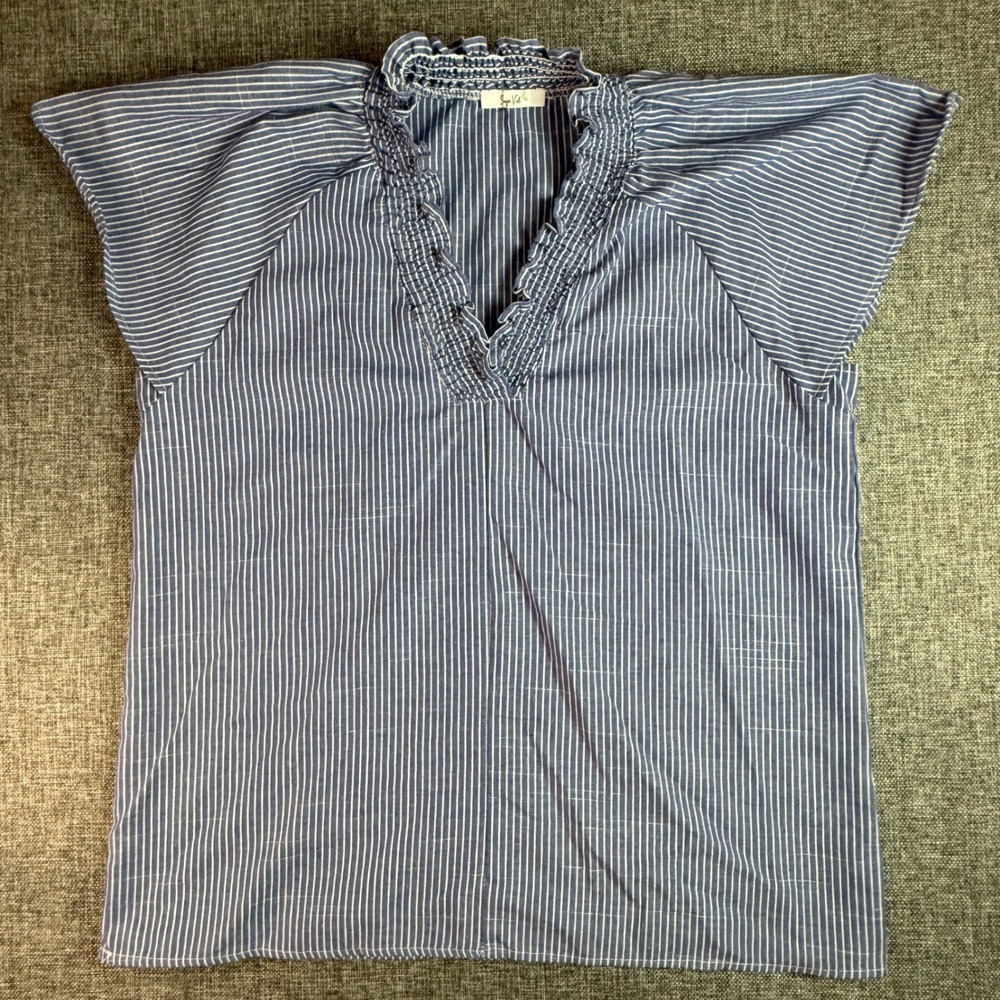 Sage & Ivy Blue White Striped Peasant Blouse Ruffle V-Neck Cap Sleeve Women's M